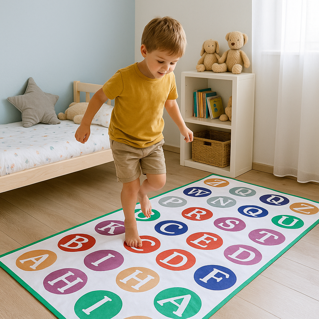 Covorul alfabet  este ideal pentru joacă activă, exerciții senzoriale sau relaxare, covorul creează o zonă dedicată confortului și dezvoltării armonioase.